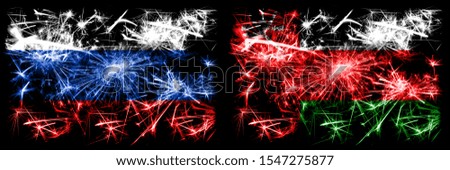Russia, Russian vs Oman, Omani New Year celebration sparkling fireworks flags concept background. Combination of two states flags.
