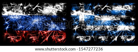 Russia, Russian vs Greece, Greek New Year celebration sparkling fireworks flags concept background. Combination of two states flags.

