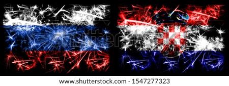 Russia, Russian vs Croatia, Croatian New Year celebration sparkling fireworks flags concept background. Combination of two states flags.
