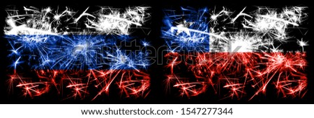 Russia, Russian vs Chile, Chilean New Year celebration sparkling fireworks flags concept background. Combination of two states flags.
