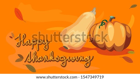 thanksgiving wish "happy thanksgivig"  with two pumpkins on orange background 