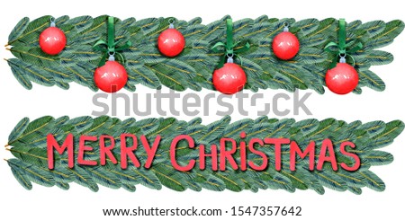 Watercolor Merry Christmas floral banner. Hand painted christmas tree garland with decoration. Isolated on white background. Holiday clip art