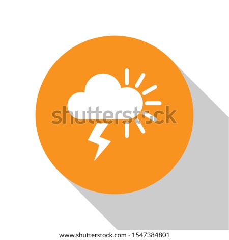 White Storm icon isolated on white background. Cloudy with lightning and sun sign. Weather icon of storm. Orange circle button. Vector Illustration