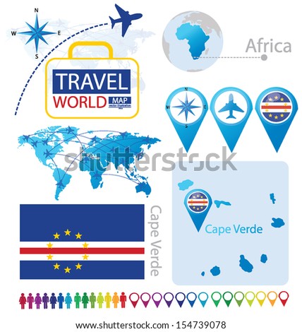Cape Verde. flag. World Map. Travel vector Illustration.