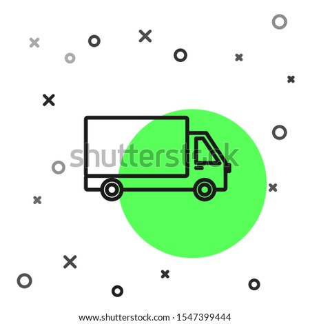 Black line Delivery cargo truck vehicle icon isolated on white background.  Vector Illustration