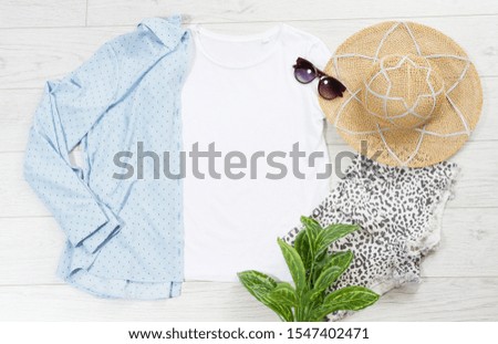 Casual t shirt mock up top view, clothes background for logo, female tshirt, male t-shirt empty blank