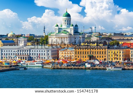 Scenic summer panorama of the Market Square (Kauppatori) at the Old Town pier in Helsinki, Finland Royalty-Free Stock Photo #154741178