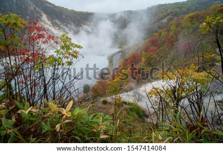 Colorful trees in autumn at Mt.Hiyori Rises above Oyunuma Lake in Hell Valley, Noboribetsu, Hokkaido, Japan.