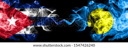 Cuba, Cuban vs Palau, Palaulan smoky mystic flags placed side by side. Thick colored silky travel abstract smokes banners 