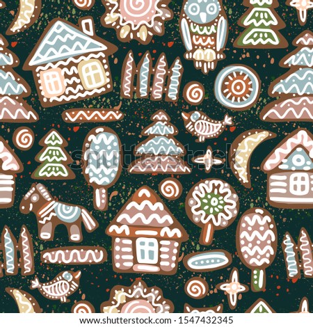 Seamless vector pattern with decorative colorful gingerbread town for Christmas. The design is suitable for new year decorations, presents or wrapping paper. 