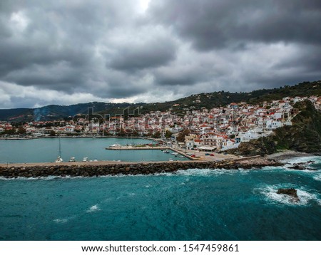 Skopelos harbor and the Old Town, island of Skopelos, Greece, Northern Sporades in the Aegean Sea - Panoramic photo during Winter period over Skopelos, Sporades, Greece