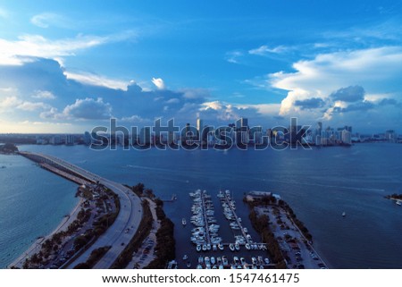 Aerial view of seascape sunset. Biscayne Bay, Miami, United States. Great landscape. Vacation travel. Tropical travel. 