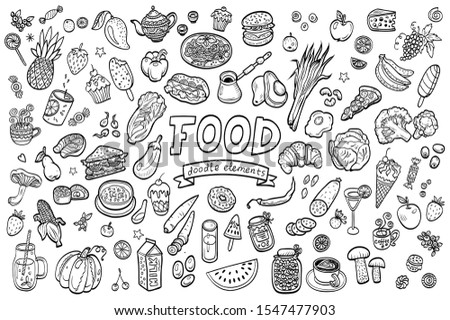Hand-drawn collection of doodle objects on the theme of food. Set of isolated vector  elements and objects.