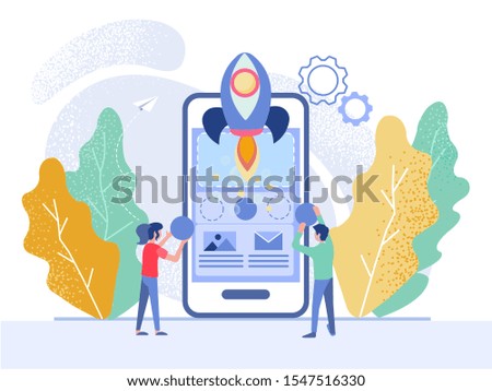 Successful Mobile App Startup Tiny People are working on Creating a Mobile App for Online Business and Developing Modern Marketing Technologies. Vector illustration.
