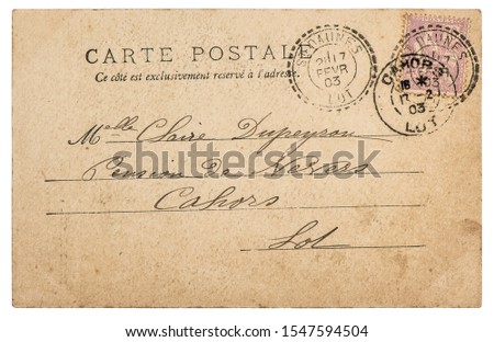 Used paper. Vintage postcard letter with stamp on white background