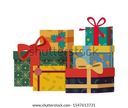 Pile beautiful Christmas gift boxes in retro style. Holiday vector illustration