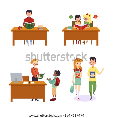 Set of different scenes with children in library flat cartoon illustration isolated on white background. Cute kids reading book and getting them from librarian.