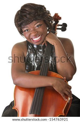 Single cheerful African woman holding a cello