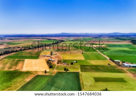 Green farm fields with irrigation and cultivation on shores of Hunter river in Hunter valley region of Australia around farm house under blue sky on a sunny day - aerial view. Royalty-Free Stock Photo #1547684036