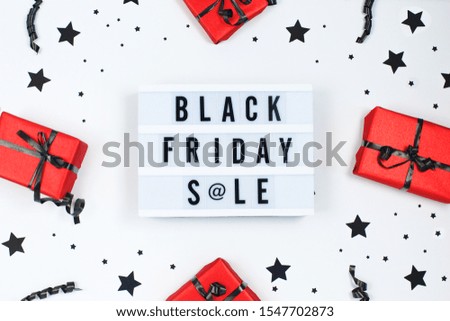 Black friday sale text on white lightbox and red gift bags, confetti. Template Black friday sale mockup fall thanksgiving promotion advertising