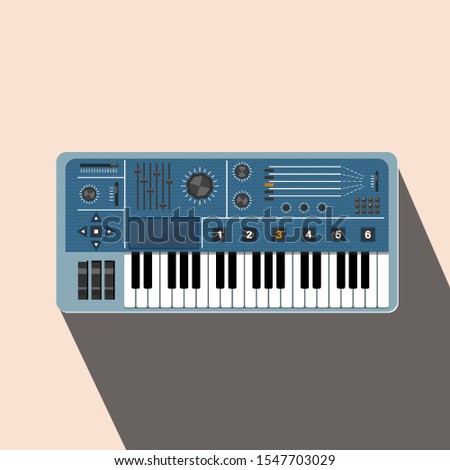 Musical keyboard, synthesizer, electronic piano, black and white keys. Vector flat illustration, stock.