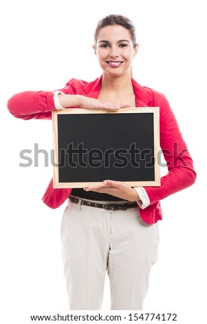 Business woman holding a shalk board on the hands, isolated over a white background (with copy space for designers)