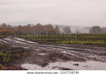 The harsh landscape nature and road through the fields for the off-road SUV with puddles and mud. Autumn or spring background. Forest in the fog in the background. Fallen leaves, slush, mud.