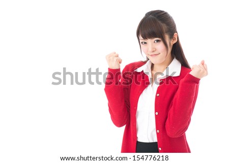 young asian woman cheering on white background