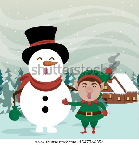 christmas snowscape scene with snowman vector illustration design