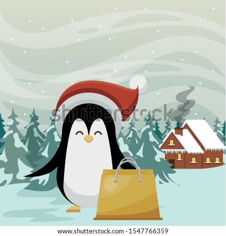 christmas snowscape scene with cute penguin vector illustration design