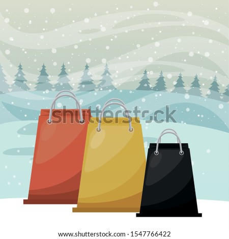 christmas snowscape scene with shopping bag vector illustration design