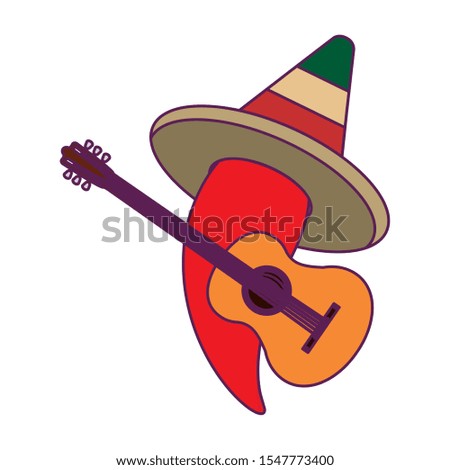 chili pepper with hat mexican and guitar vector illustration design