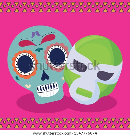 viva mexico celebration with skull and mask fighter vector illustration design