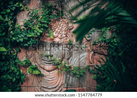 Sculpture carved from stone. Mayan symbol - Big stone head statue in a jungle