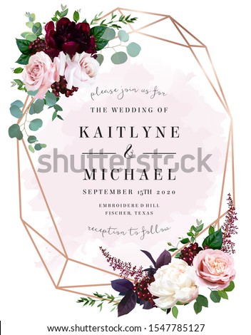 Luxury fall flowers wedding vector bouquet card. Garden dusty rose, burgundy red and white peony flowers, eucalyptus, astilbe, greenery and berry. Autumn watercolor style frame. Isolated and editable Royalty-Free Stock Photo #1547785127