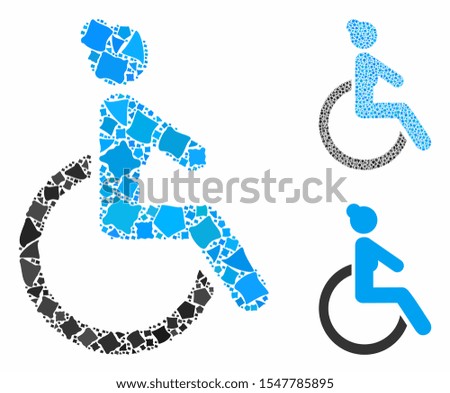 Disabled woman mosaic of joggly elements in different sizes and color hues, based on disabled woman icon. Vector rough elements are organized into collage.