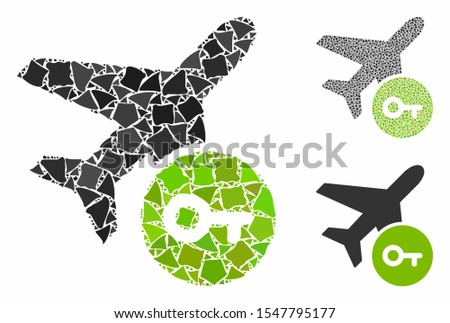Airplane key mosaic of uneven items in different sizes and color tints, based on airplane key icon. Vector humpy items are grouped into collage. Airplane key icons collage with dotted pattern.