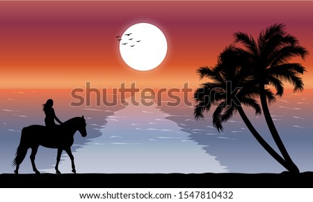 image silhouette twilight with woman riding a horse on the beach and there is a moon on the sea, design vector illustration