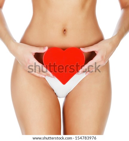 Woman with a red heart, white background 