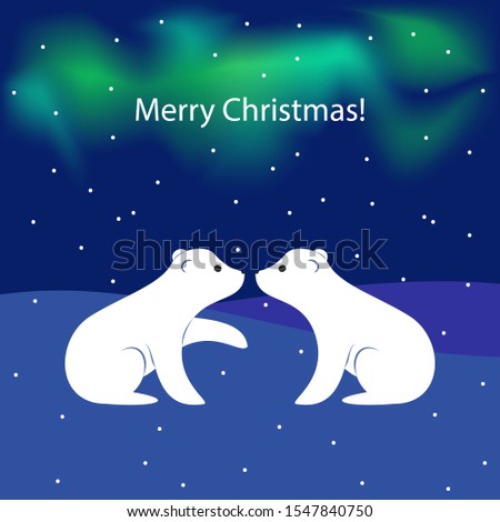 merry Christmas! postcard with two white bear cubs on the background of winter sky with Northern lights. vector illustration.