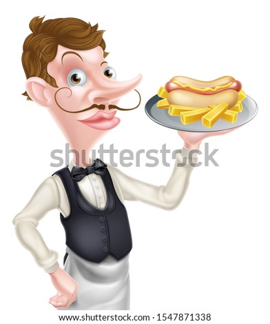 An Illustration of a Cartoon Waiter Butler Holding Hotdog and Fries