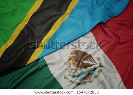 waving colorful flag of mexico and national flag of tanzania. macro