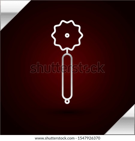 Silver line Pizza knife icon isolated on dark red background. Pizza cutter sign. Steel kitchenware equipment.  Vector Illustration
