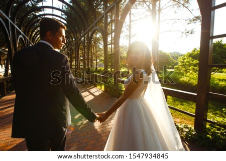 Lovely wedding couple at sunset. Bride and groom in wedding attire with a bouquet of flowers is in the hands against the backdrop of the 
green field at sunset. Romantic Married young family. 