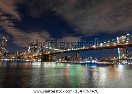Skyline of Manhattan and Brooklyn bridge, night view.