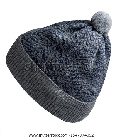   knitted gray blue  hat isolated on white background.hat with pompon   side view.