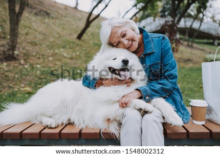 Calm granny hugging her fluffy pedigree dog stock photo