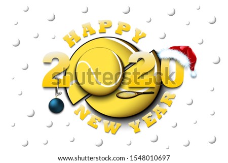 Happy new year 2020 and tennis ball with racket and Christmas hat. Creative design pattern for greeting card, banner, poster, flyer, party invitation, calendar. Vector illustration