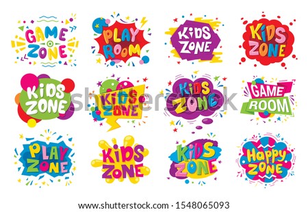 Kids zone emblem colorful cartoon illustrations set. Children playground area logo isolated on white background. Playing room lettering in bubbles collection. Vivid color childish stickers Royalty-Free Stock Photo #1548065093