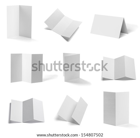 collection of various  blank folded leaflet white paper on white background. each one is shot separately